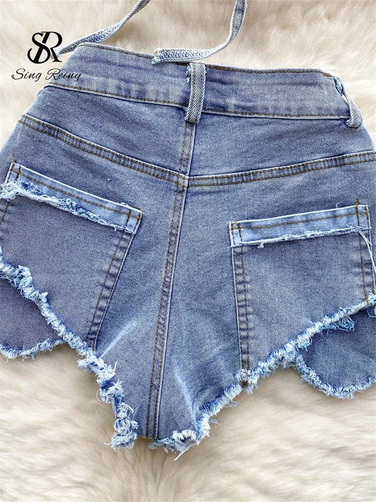 Yipinpay American Hotsweet Sets Halter Sleeveless Backless Love Tops+High Waist Button Basics Shorts Fashion Sexy Denim Suits