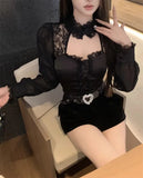 Yipinpay Shirts Women Lace Patchwork Hollow Out Long Sleeve Winter Fashion Slim Crop Tops Female Blouse French Style Chic