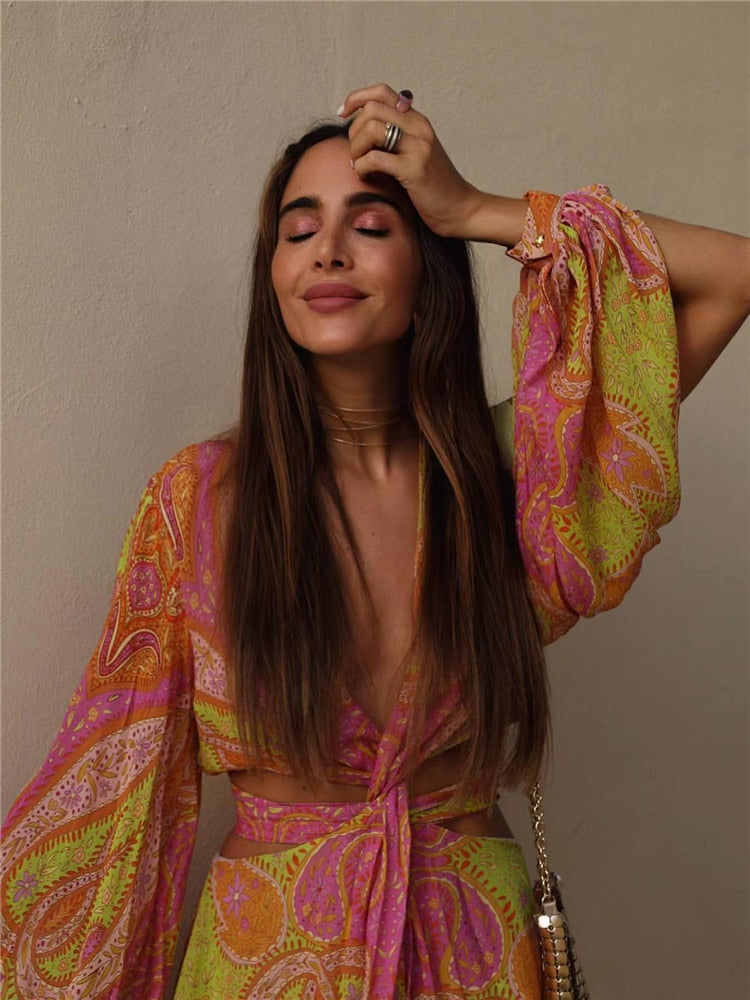 Yipinpay 2023 Print Cut Out Dress Women Short Boho Chiffon Dress Woman Slit Long Puff Sleeve Summer Dresses Beach Sexy Party Dresses