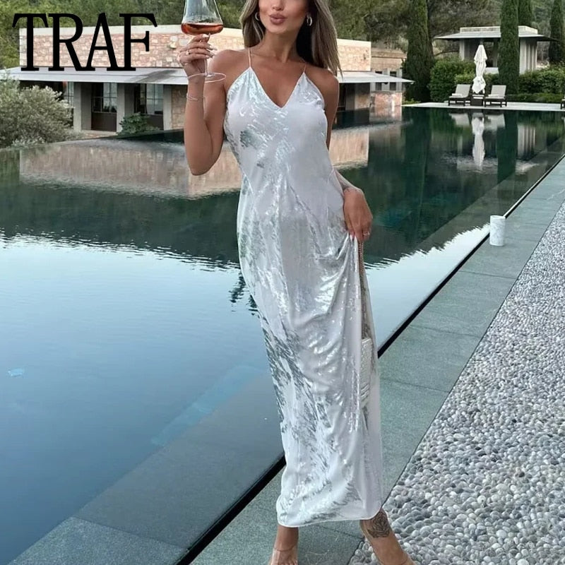 Yipinpay 2023 Silver Long Dress Women Sexy Slip Backless Dress Woman Shiny Sleeveless Summer Party Dresses Night Evening Dresses