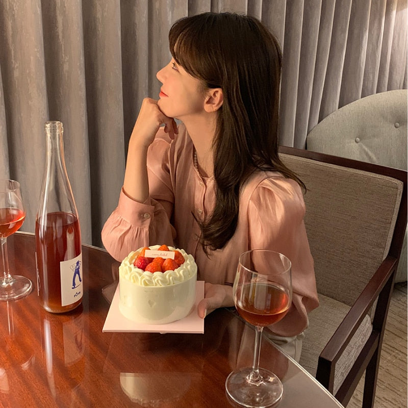 Yipinpay Button Puff Sleeve Shirt O-Neck Pink Pearly Silky 2023 Spring Shirt Summer Korean Women's Top