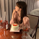 Yipinpay Button Puff Sleeve Shirt O-Neck Pink Pearly Silky 2023 Spring Shirt Summer Korean Women's Top