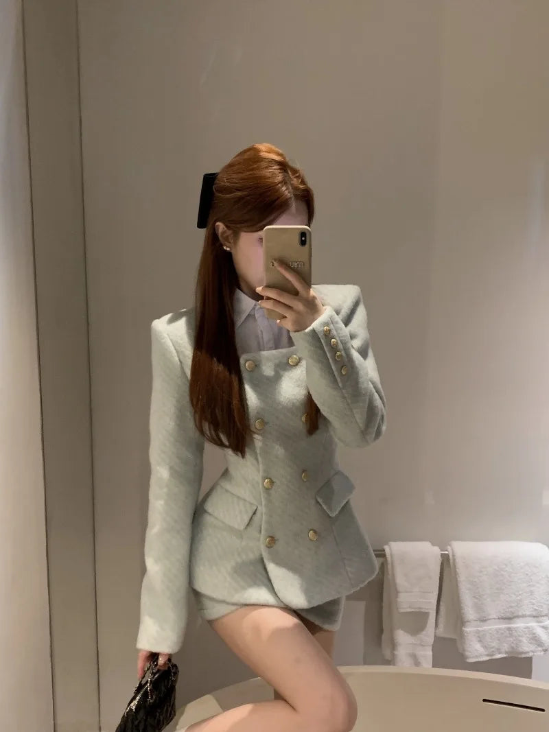Yipinpay Hot Girl Suit for Women's Autumn/Winter Square Collar Woolen Jacket High Waisted Mini Skirt Two-piece Set Female Clothes