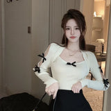 Yipinpay Knitted Sweater Women Bow Hollow Out Patchwork Square Collar Chic Korean Fashion Inside Crop Tops Stretch Sexy Pullover