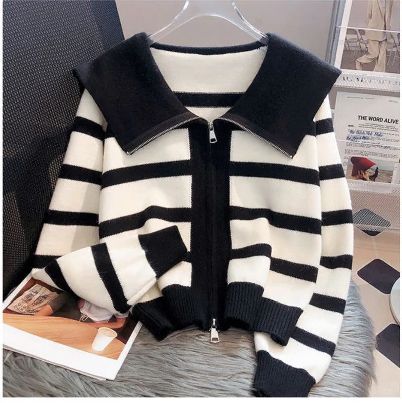 Yipinpay Women's Knitted Stripe Sweater Sweet Preppy Style Peter Pan Collar Cardigan Top Spring Autumn 2024 New Zipper Fashion Outwear