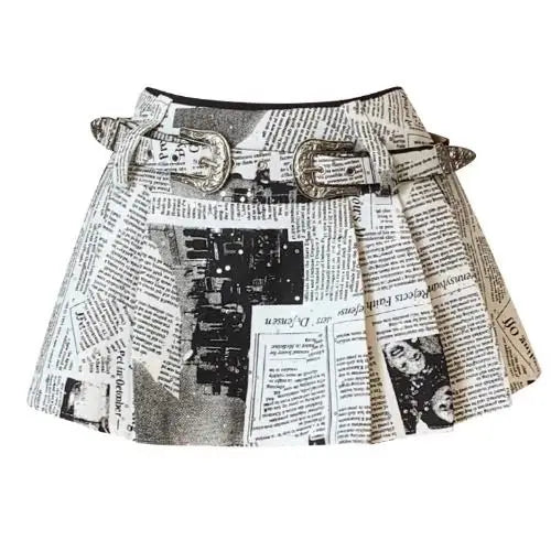 Yipinpay Girl Newspaper Printed Pleated Skirt for Women Autumn New Fashion Causal High Waist A-line Short Skirt Women Clothing