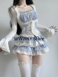 Yipinpay Summer Kawaii Lolita Suit Japanese Style Slim Lace Tops + Bodycon Y2k Mini Skirt Fashion Cake Skirt Girls Party 2 Piece Set