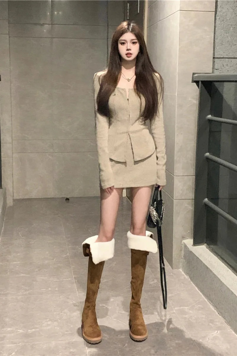 Yipinpay Sweet Hot Girl Suit Women's Autumn Square Collar Long-sleeved Knitted Shirt High Waist Short Skirt Fashion Two-piece Set