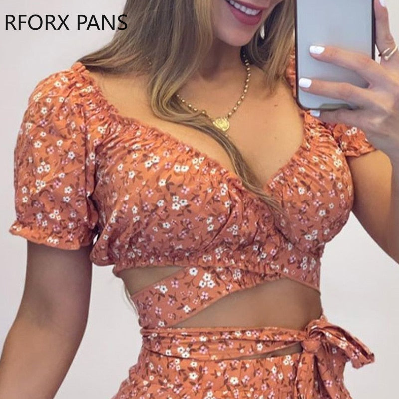 Yipinpay Women Chic Crop Top Gdisty Floral Ruffle Hem  Lace Up Short Sleeves Cris Cross Mini Sexy Vacation Short Sets