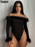 yipinpay 2023 Skinny Long Sleeve Women One Pieces Feathers Patchwork Sexy Club Bodysuit Off Shoulder Fashion Y2K Body Tops Rompers