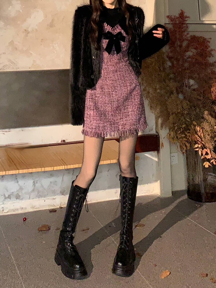 Yipinpay Fashion Suit Woman Elegant Clothing Strap Y2k Mini Dress + Black Slim Tops Basic 2 Piece Dress Set Female 2023 Spring