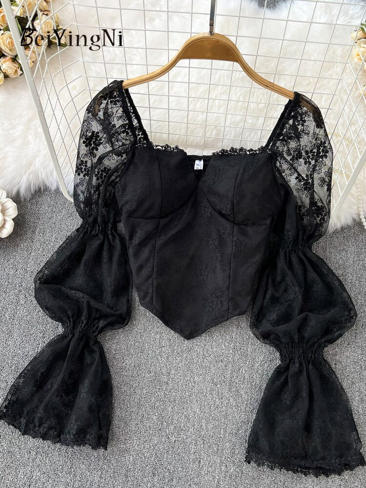 yipinpay 2023 Korean Fashion Elegant Lace Blusas Women Square Collar White Blouses Sexy Crop Top Shirts Female Black Camisas