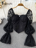 yipinpay 2023 Korean Fashion Elegant Lace Blusas Women Square Collar White Blouses Sexy Crop Top Shirts Female Black Camisas