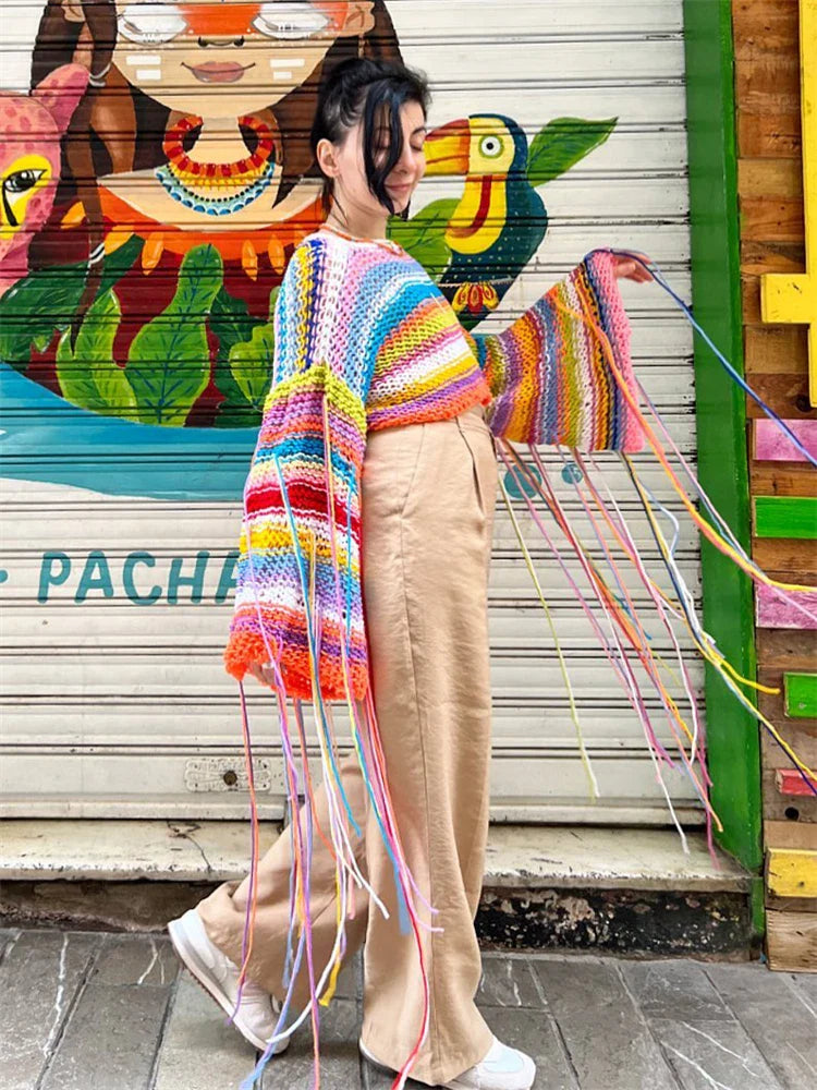 Yipinpay Tassel Contrast Holiday Sweater Pullovers For Women Loose Flared Sleeve Beach Boho Knit Female Cover up Pullover Crop top