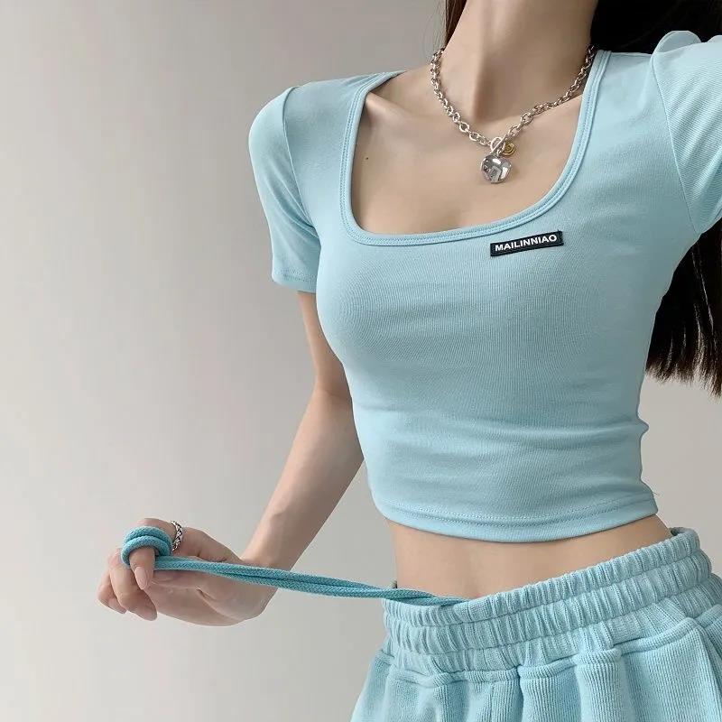 Yipinpay Square Neck Tops Women Summer Tight Short Sleeve Tees Solid Color Cropped Top Female 2023 New