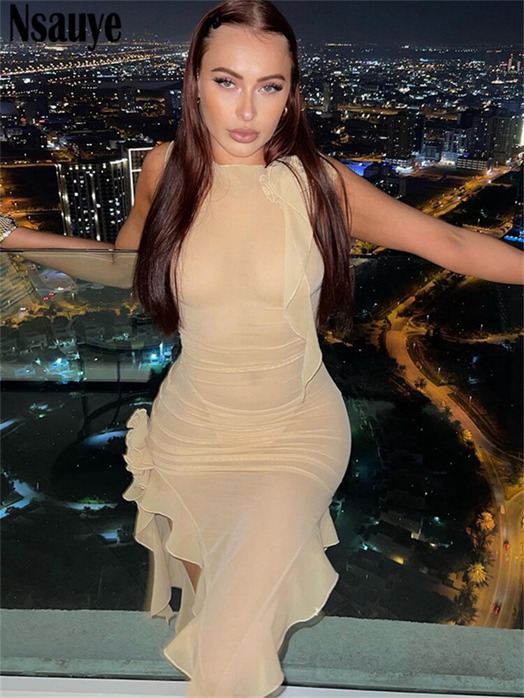 yipinpay 2023 Spring New Fashion Evening Sexy Party Night Club Mini Dress Women Bodycon See Through Mesh Sleeveless Dress Y2K
