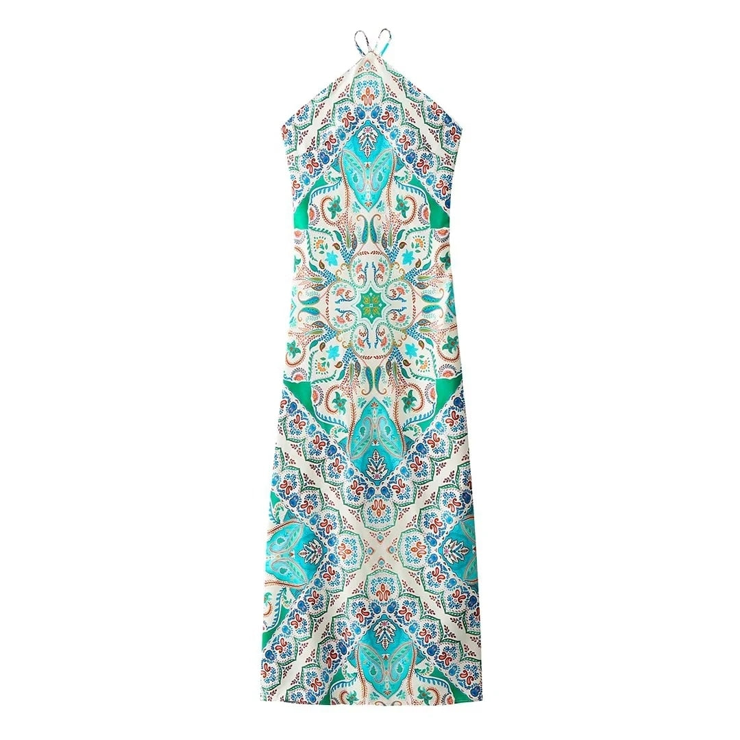 Yipinpay 2023 Halter Backless Dress Woman Vintage Print Long Dress Women Summer Off Shoulder Sexy Dresses Elegant Party Dresses