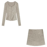 Yipinpay Autumn New Grey Casual Knitted Suits Sexy 2 Piece Skirt Set Woman Elegant Y2k Crop Tops + High Waist Slim Mini Skirt Korean