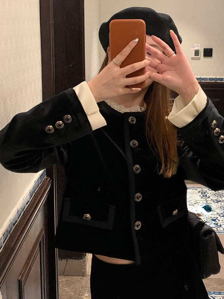 Yipinpay 2 Piece Dress Set Woman Vintage Velvet Suit Slim Balck Lace Tops + Elegant Y2k Mini Skirt Casual Design 2023 Auutumn