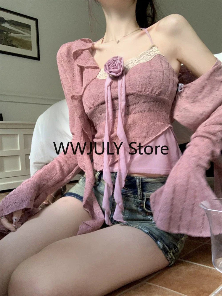 Yipinpay 2024 Pink Elegant 2 Piece Set Office Lady Lace Sexy Strap Tops Casual Cardigan Korean Fashion Blouse Suit Woman Outfits