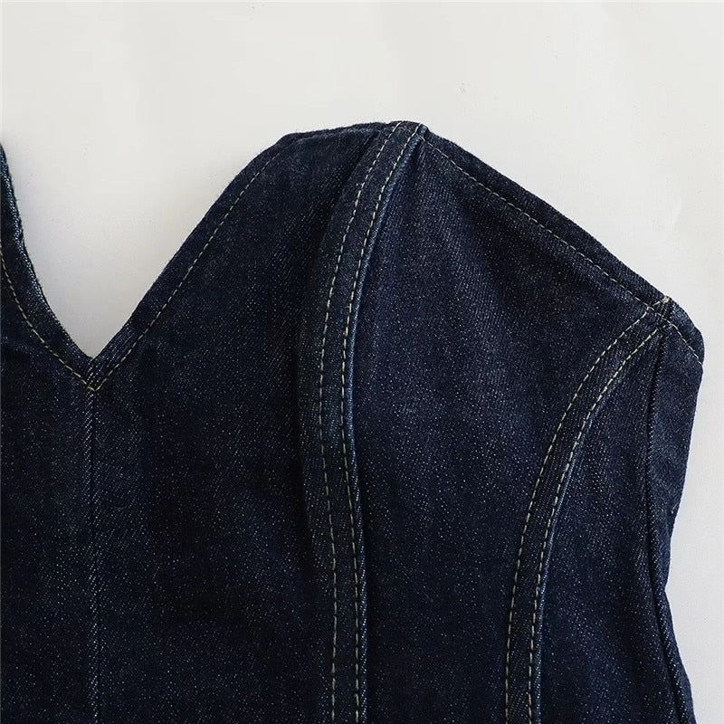 Yipinpay 2023 Denim Corset Top Female Summer Off Shoulder Tops For Women Blue Sleeveless Backless Bustier Top Woman Slit Sexy Tops