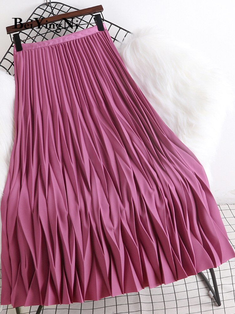 yipinpay 2023 Korean Summer Fashion Wave Pleated Long Midi Skirt Women Solid Color Casual Kawaii High Waist Mid-Calf Skirts