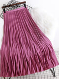 yipinpay 2023 Korean Summer Fashion Wave Pleated Long Midi Skirt Women Solid Color Casual Kawaii High Waist Mid-Calf Skirts