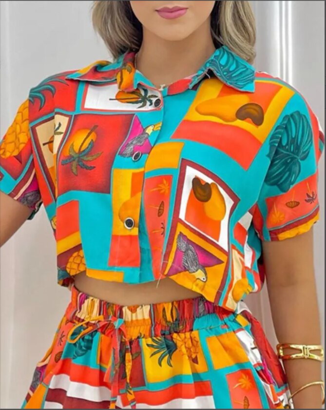 Yipinpay Women All Over Print Short Sleeve Top & Drawstring Shorts Set 2023 Fashion New Shorts Suit Female Casual Office Clothing