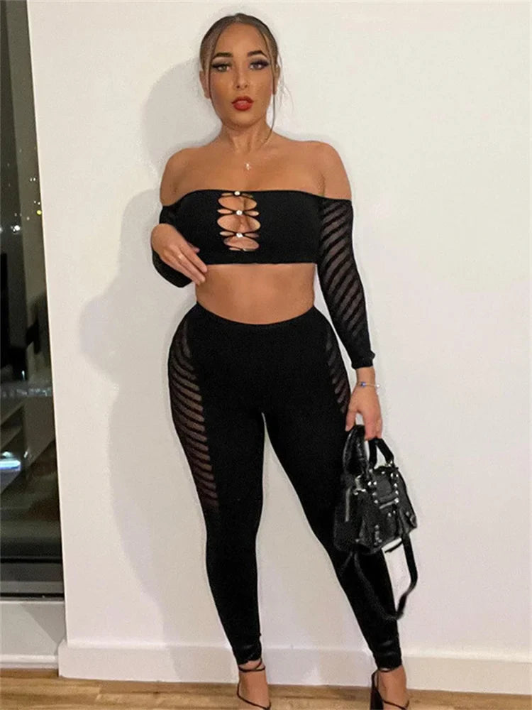 Yipinpay Simenual Baddie Fashion Mesh Tansparent Two Piece Sets Hotsweet Sexy Hollow Out Crop Tops Skinny Pants High Elastic Co Ord Suits