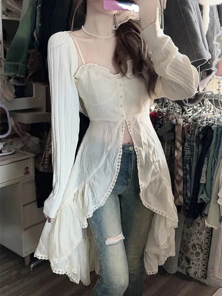 Yipinpay Fashion Outfits 2 Piece Skirt Set Sexy Strap Dress + Beige Long Tops Ruched Mori Girl Simple 2024 Summer Korean Fashion