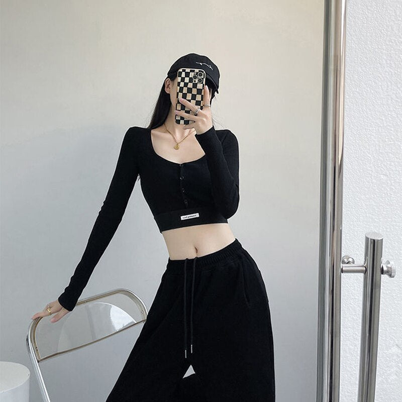 Yipinpay Fashion Patchwork Y2k Crop Tops Women Spring Autumn Slim Square Neck T Shirt Streetwear Single Breasted Long Sleeve Top