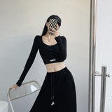 Yipinpay Fashion Patchwork Y2k Crop Tops Women Spring Autumn Slim Square Neck T Shirt Streetwear Single Breasted Long Sleeve Top