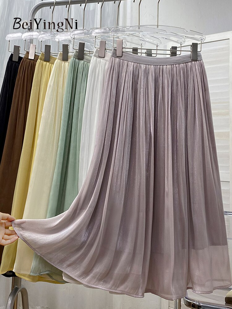 Yipinpay 2023 New Stylish Chiffon Pleated Skirt Women Solid Color Elegant Luxury Princess Fairy Midi Skirts Ladies Gentle Jupes