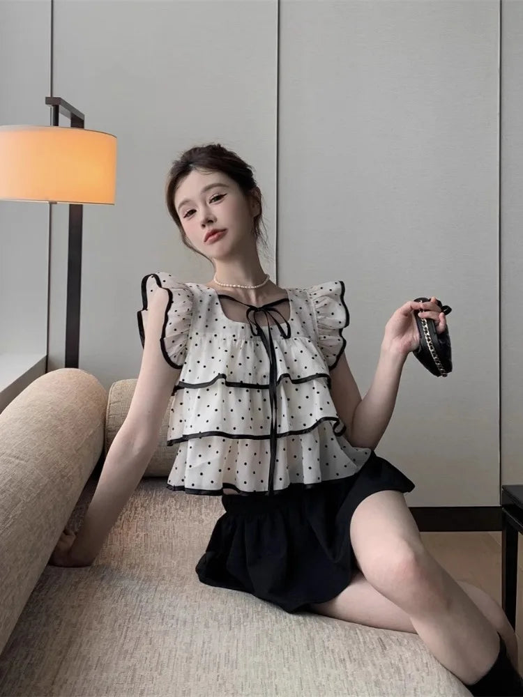 Yipinpay Sweet Shirts Women Polka Dot Lace Up Flying Sleeve Square Collar Crop Tops Slim Elegant Blouse Female Summer Casual