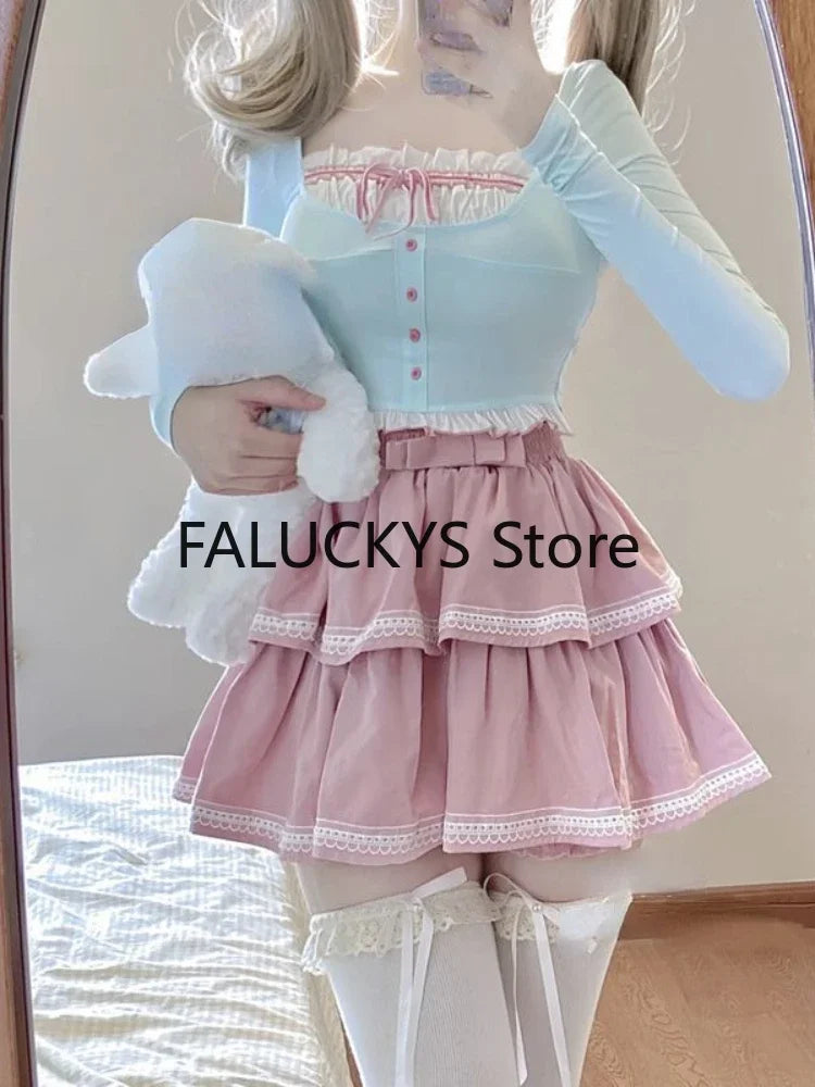 Yipinpay Winter Sweet 2 Piece Set Women Evening Party Slim Elegant Blouse + Office Lady Casual Outwaer Mini Skirt Korean Fashion