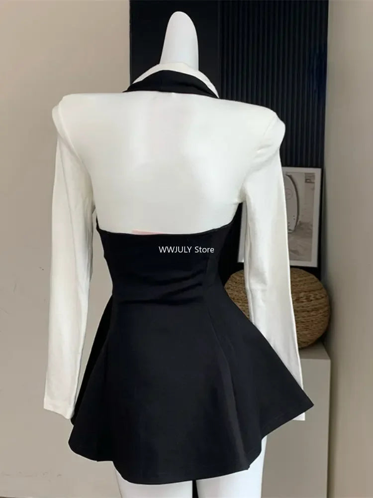 Yipinpay Y2k Two Piece Sets Fall Outfits Office Lady Skirt Sets Lapel Cardigan Crop Tops Suspender Mini Skirt Elegant Clothes Woman