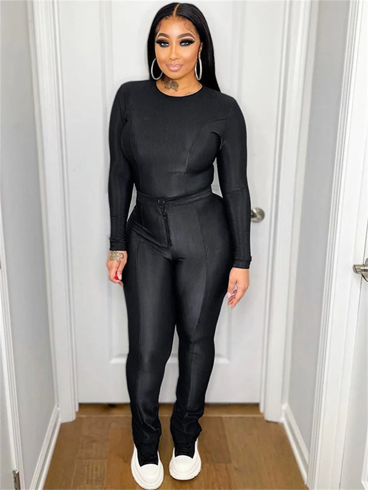 Yipinpay Simenual High Street Black Outfits Women Rave Slim Co-ord Suits Long Sleeve Pullovers Tees High Waist Zip Pants 90s 2 Piece Sets