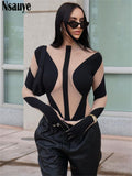 yipinpay 2023 Fashion Club Y2K Sexy Mesh See Through Skinny Bodysuit Long Sleeve One Pieces Body Tops White Rompers Oufits