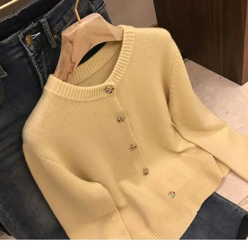 Yipinpay O-Neck Sweater French Elegant Single Breasted Women's Spring Autumn Winter New Fashion All-match Long Sleeve Top Coat