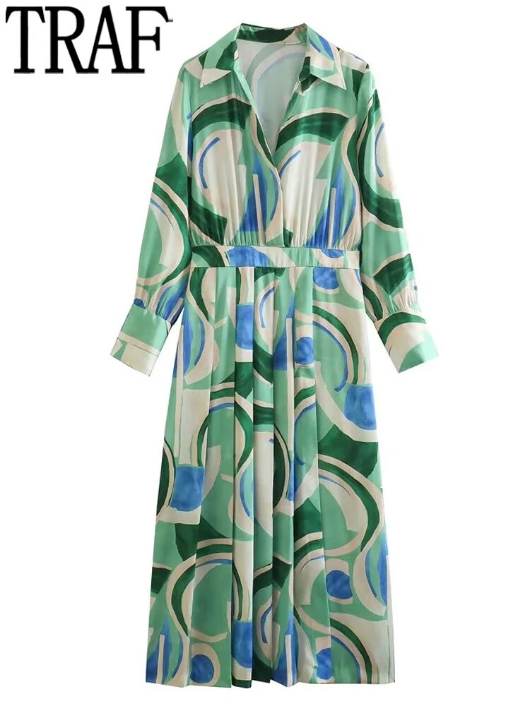 Yipinpay 2023 Printed Shirt Dress Woman Pleated Long Dress Women Long Sleeve Elegant Casual Women's Dresses Midi Party Dresses