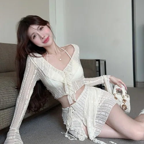 Yipinpay Girl Pure Sexy Suit Women's Autumn Lace Halter Neck V-Neck Top Irregular High Waist Chiffon Mini Skirt FashionTwo-piece Set