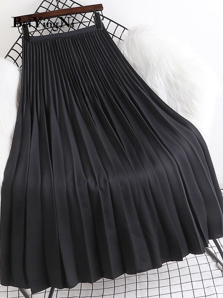 Yipinpay 2023 Spring Autunn Pleated Skirt Women Casual Fashion Elegant Solid Color High Waist Long Midi Skirts Ladies Chic Saia