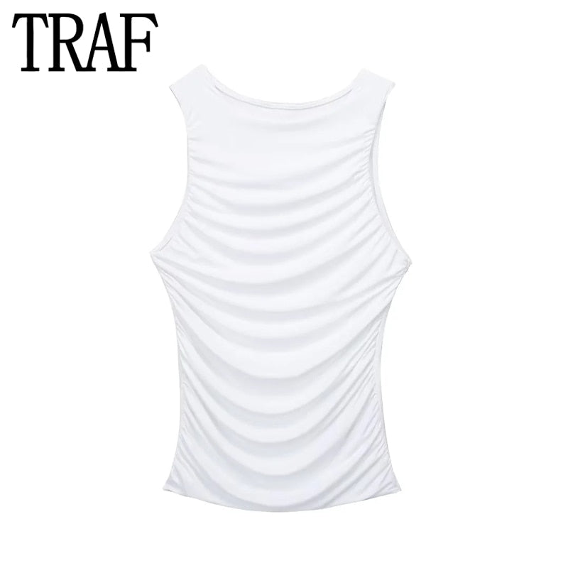 Yipinpay 2023 Black Crop Top Women Ruched Tank Tops Y2k Streetwear White Sleeveless Top Female Fashion Summer Sexy Tops Woman