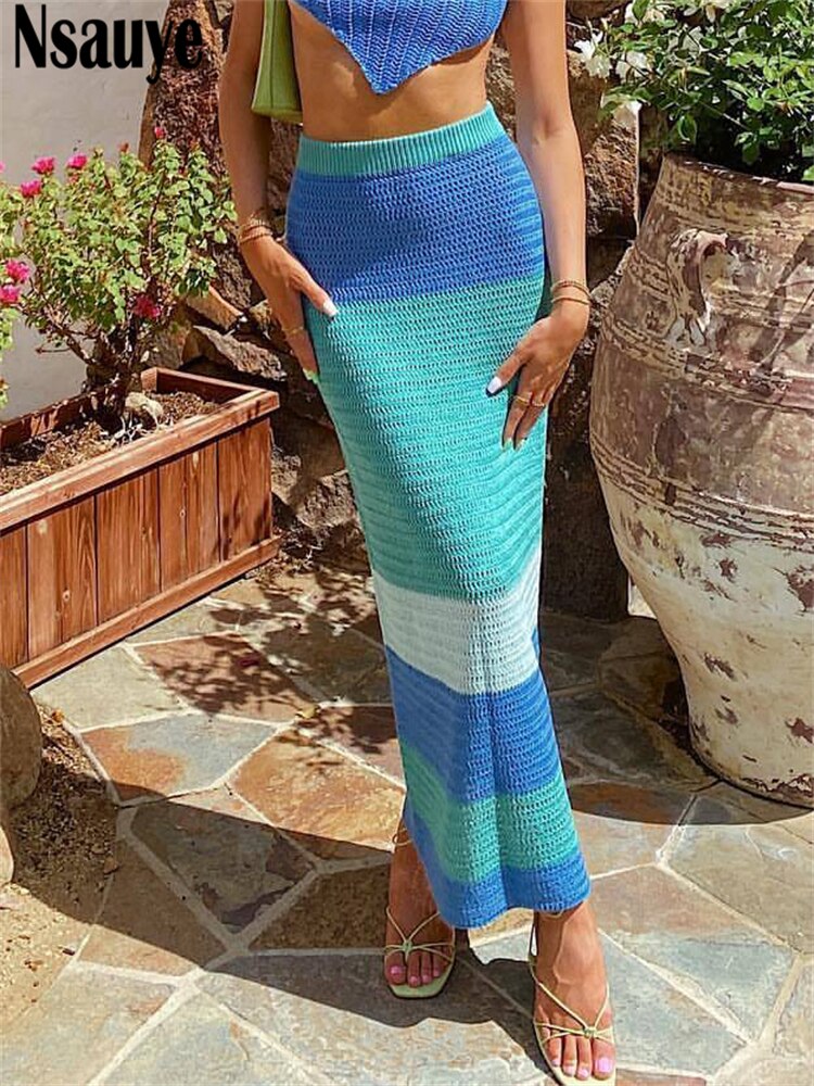 yipinpay 2023 Fashion Knitted Y2K Aesthetic Boho Beach Party High Waist Long Dress Sexy Women Hollow Out Maxi Skirt Vintage Summer