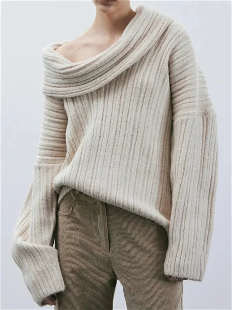 Yipinpay Off-Shoulder Solid Knit Sweater Women Casual Loose Long Sleeve Patchwork Oversized Sweater Slim Fashion Pullover Female