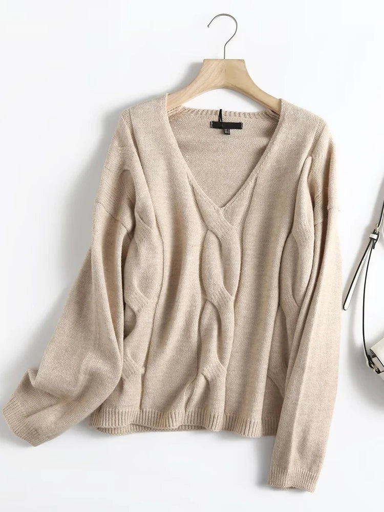 Yipinpay Women 2024 Twist Woolen Knit Sweater Jumper V Neck Female Elegant Loose Pullovers Chic Tops