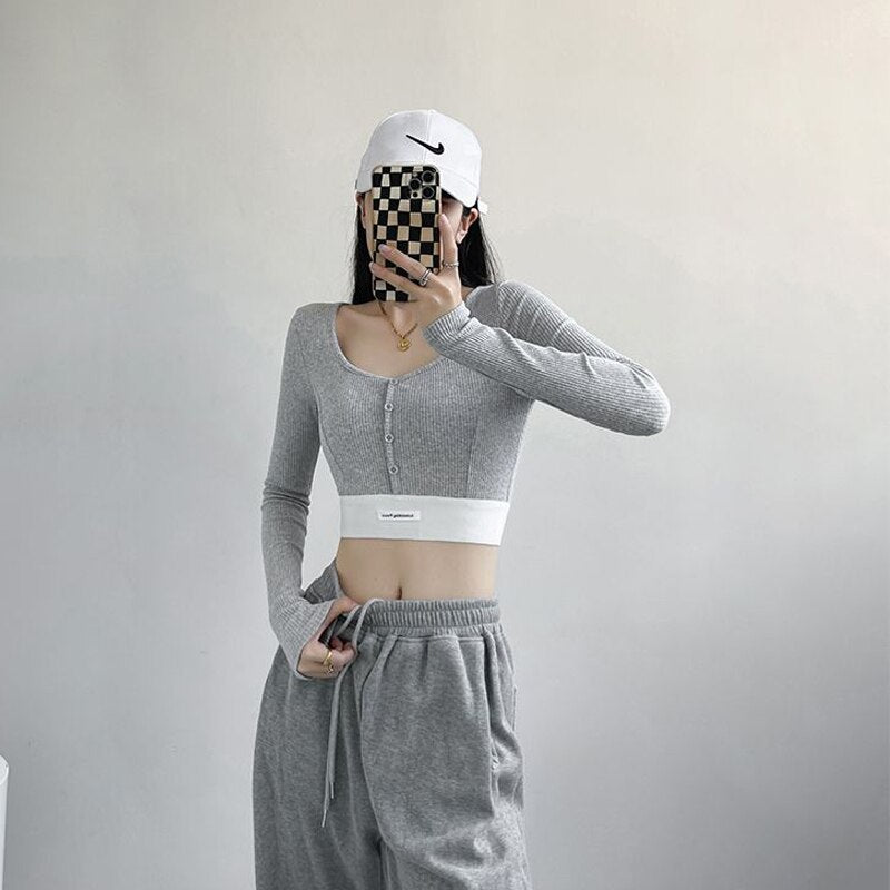 Yipinpay Fashion Patchwork Y2k Crop Tops Women Spring Autumn Slim Square Neck T Shirt Streetwear Single Breasted Long Sleeve Top