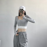 Yipinpay Fashion Patchwork Y2k Crop Tops Women Spring Autumn Slim Square Neck T Shirt Streetwear Single Breasted Long Sleeve Top