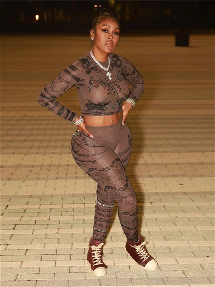 Yipinpay Simenual 90s Rave Mesh Printed Co Ord Suits Women Sexy See Through Pullovers T-Shirts Skinny Pencil Pants Y2K Club Two Piece Set