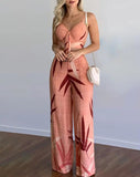 Yipinpay New Women's Suit Sexy Sleeveless Backless Womens Outfits Leaf Print Crop Top & Wide Leg Pants Set Long Pants 2 Piece Sets